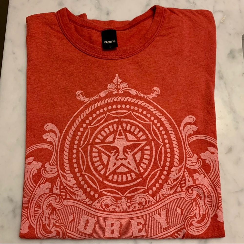 Men's Obey Short Sleeve Logo T-Shirt Size L Red Excellent